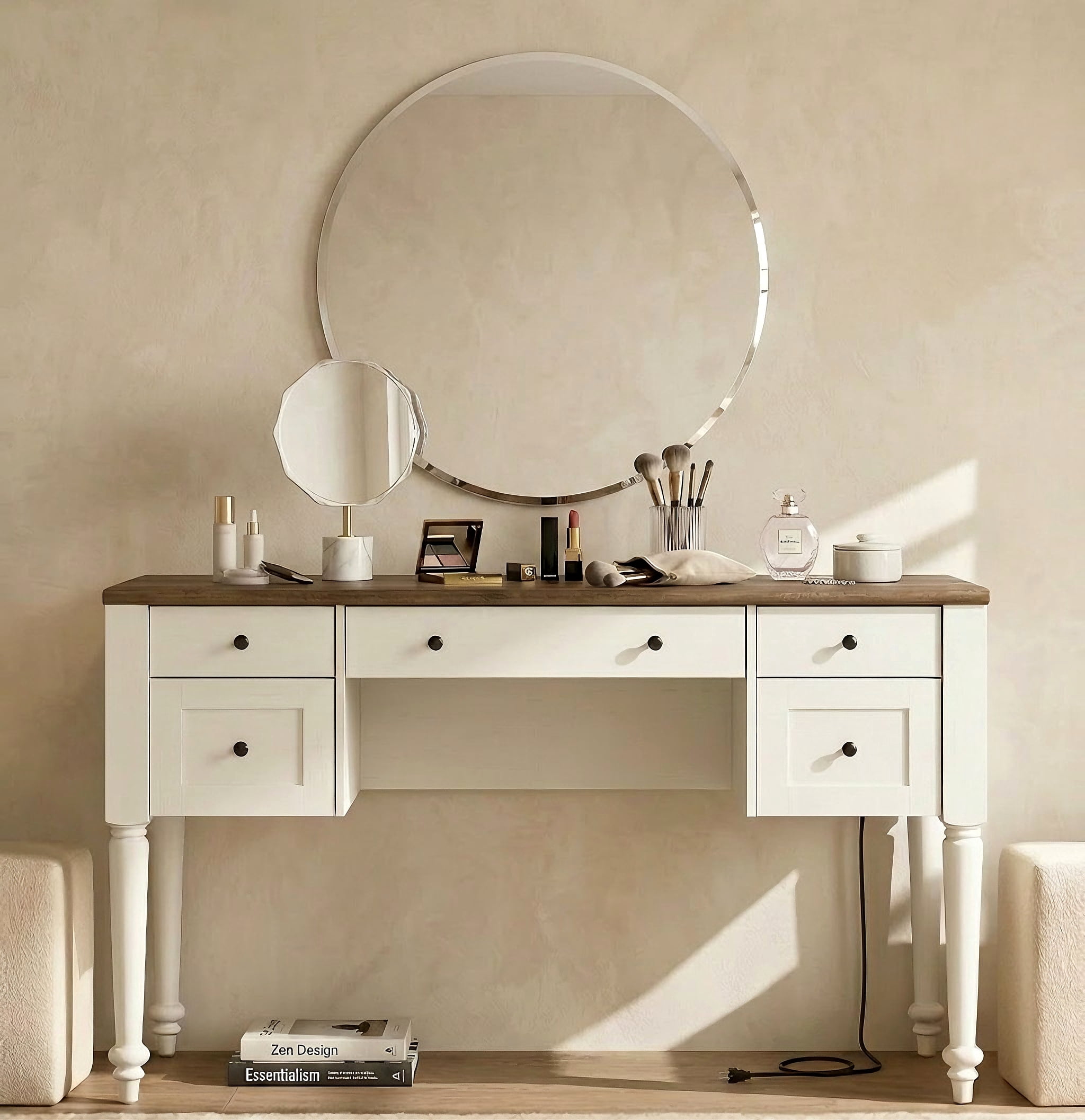 Vanity Desk with 5 Drawers, Home Office Desk with Charging Station, No Mirror, Makeup Vanity Dressing Table with Rear Cabinet Storage, Door, Open Shelf for Bedroom, White