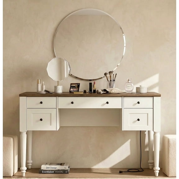 Vanity Desk with 5 Drawers, Home Office Desk with Charging Station, No Mirror, Makeup Vanity Dressing Table with Rear Cabinet Storage, Door, Open Shelf for Bedroom, White
