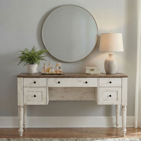 Vanity Desk with 5 Drawers, No Mirror, Home Office Desk with Charging Station, Makeup Vanity Dressing Table with Rear Cabinet Storage, Door, Open Shelf for Bedroom, Rustic White