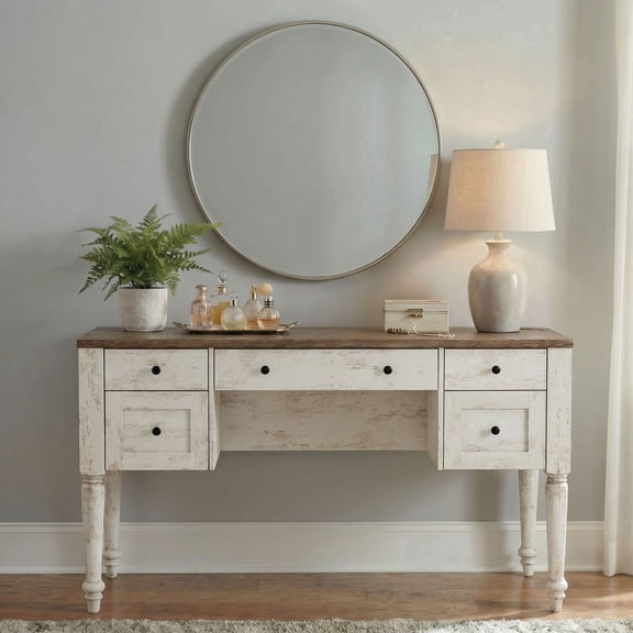 Vanity Desk with 5 Drawers, No Mirror, Home Office Desk with Charging Station, Makeup Vanity Dressing Table with Rear Cabinet Storage, Door, Open Shelf for Bedroom, Rustic White