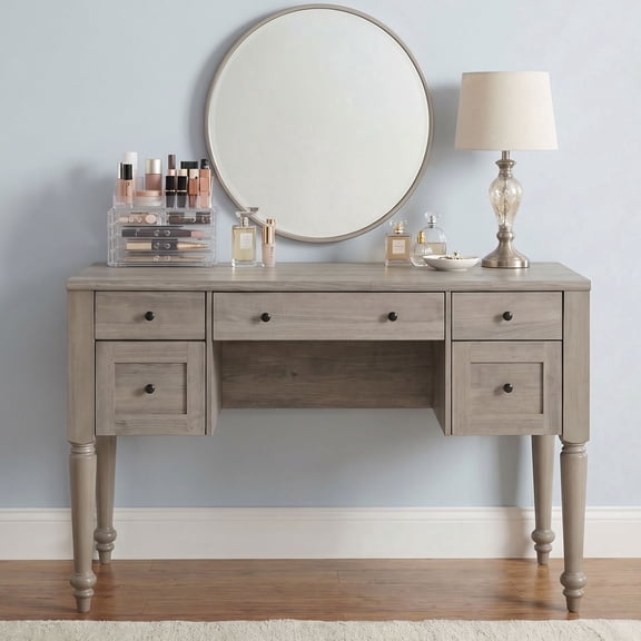 Vanity Desk with 5 Drawers, No Mirror, Home Office Desk with Charging Station, Makeup Vanity Dressing Table with Rear Cabinet Storage, Door, Open Shelf for Bedroom, Wash Grey