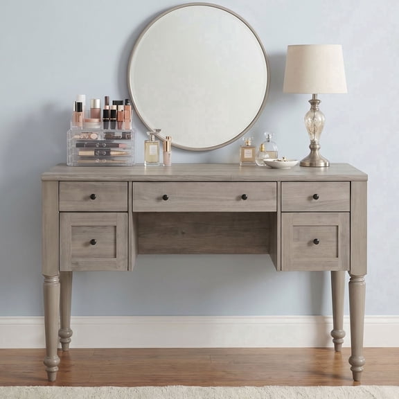 Vanity Desk with 5 Drawers, No Mirror, Home Office Desk with Charging Station, Makeup Vanity Dressing Table with Rear Cabinet Storage, Door, Open Shelf for Bedroom, Wash Grey