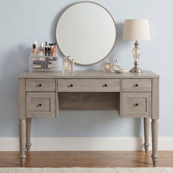 Vanity Desk with 5 Drawers, No Mirror, Home Office Desk with Charging Station, Makeup Vanity Dressing Table with Rear Cabinet Storage, Door, Open Shelf for Bedroom, Wash Grey