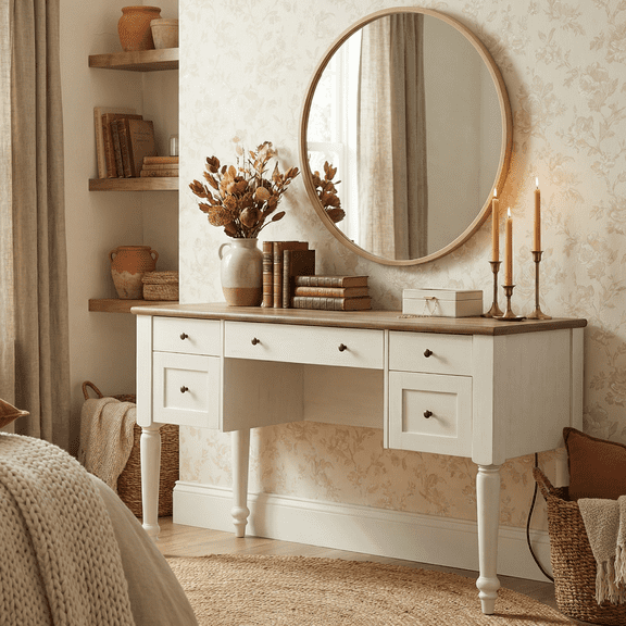 Vanity Desk with 5 Drawers, No Mirror, Home Office Desk with Charging Station, Makeup Vanity Dressing Table with Rear Cabinet Storage, Door, Open Shelf for Bedroom, White