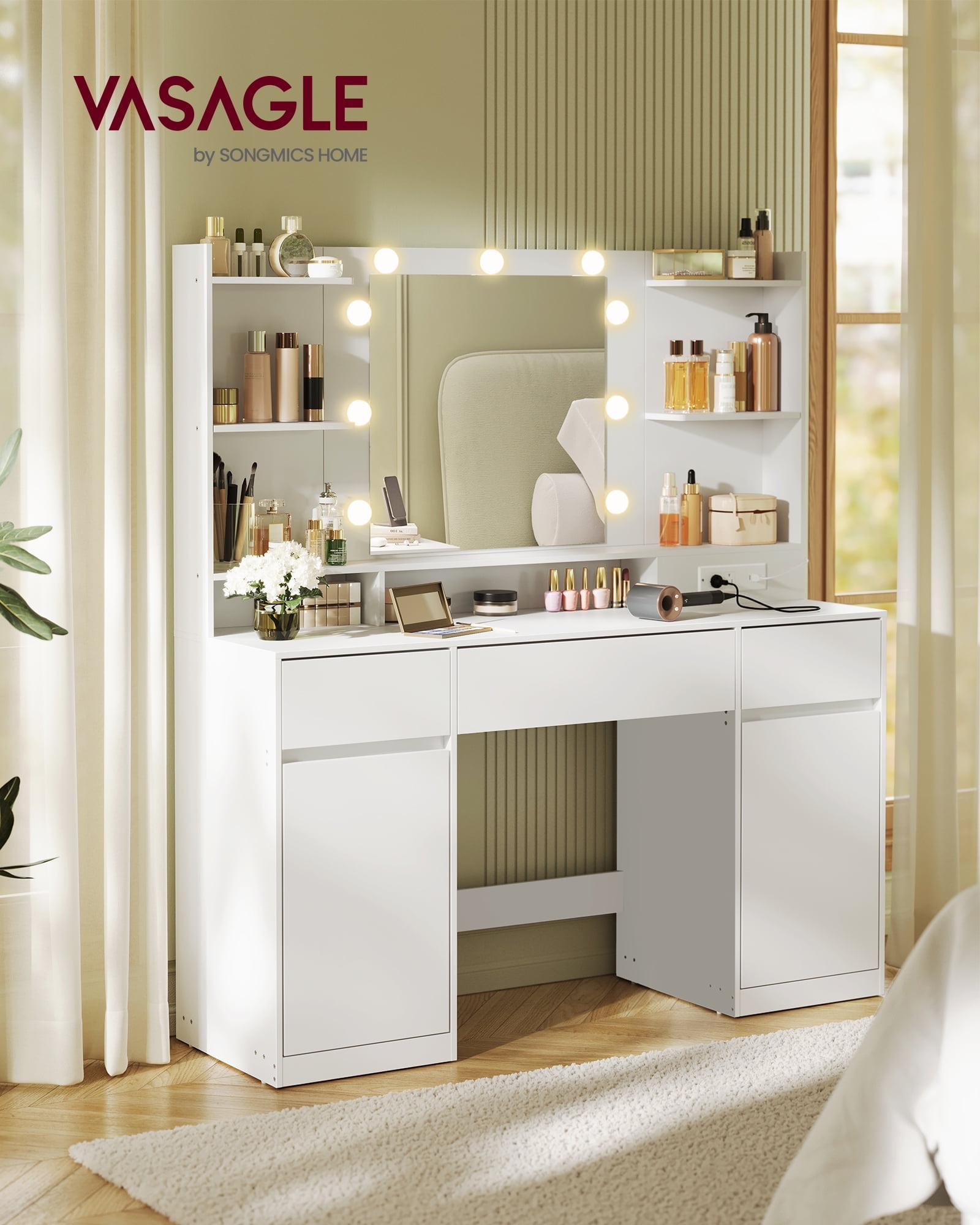 VASAGLE Kailyn Collection Vanity Desk with Mirror and 9 LED Bulbs