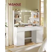 VASAGLE Kailyn Collection - Vanity Desk with Mirror and 9 LED Bulbs, Vanity Makeup Table with Power Outlets, Dressing Table with 2 Cabinets, for Bedroom, Cloud White