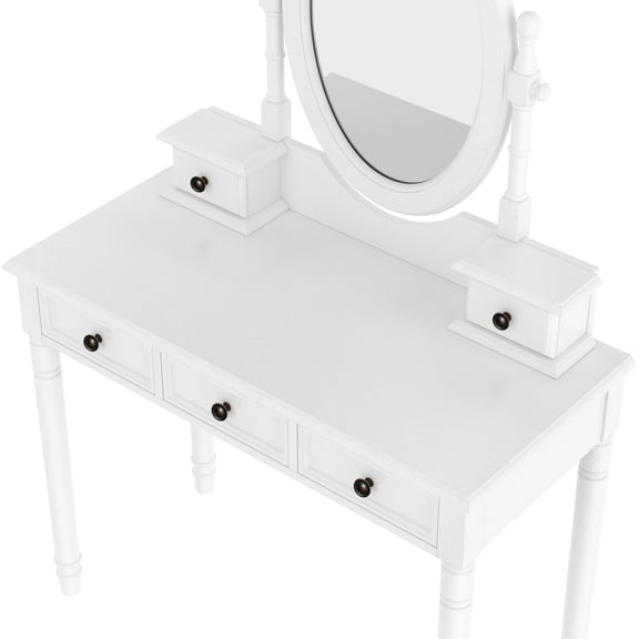 Vanity Desk with Adjustable Angle Mirror, Vintage Vanity Makeup Table and Cushioned Stool Set with Velvet Fabric Lining 5 Drawers,Wooden Dressing Table Set for Bedroom, White