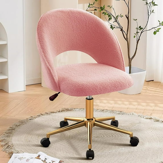 Vanity Desk Chair, Cute Office Chair with Back for Girls, Rolling Upholstered Armless Chair with Gold Metal for Living Room/Makeup Room/Bedroom, Pink-Sherpa