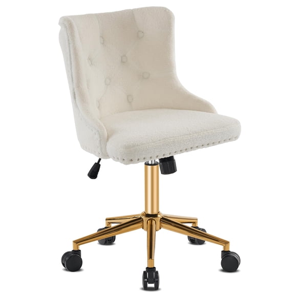 Vanity Desk Chair,Teddy Fleece Armless Office Chair with Gold Base,Cute Swivel Makeup Stool for Bedroom,Adjustable Rolling Nail Chair,Comfortable Upholstered Seating for Dorm,Living Room,White