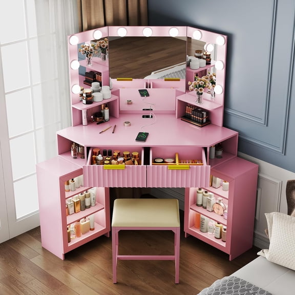 Vanity Desk with Charging Station & LED Lights Mirror – Corner Design HD Triple Mirror Makeup Vanity Table Set with Storage Drawers & Chair for Living Room/Bedroom Ideal Gift (Pink)