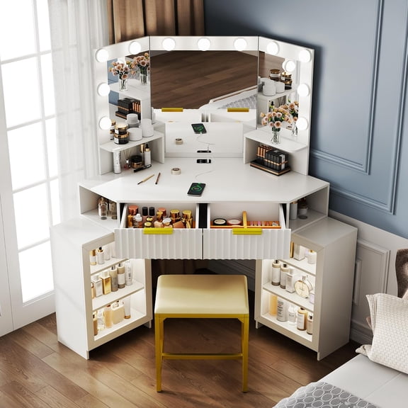 Vanity Desk with Charging Station & LED Lights Mirror – Corner Design HD Triple Mirror Makeup Vanity Table Set with Storage Drawers & Chair for Living Room/Bedroom Ideal Gift (White)