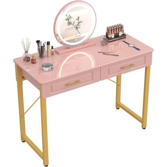 MY Vanity Desk with Drawers and Storage Shelf, Modern Makeup Table with Glossy Desktop, Gold Metal Frame Writing Desk for Bedroom or Home Office, No Mirror