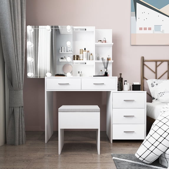 Vanity Desk with Dressing Stool, Makeup Vanity with Mirror, Makeup Table with Drawers and Shelves, Makeup Vanity Table for Bedroom School And Dormitory