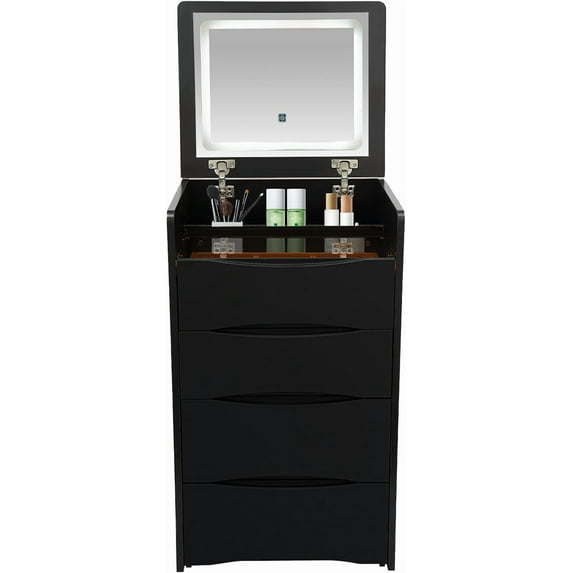 Vanity Desk with Flip Top Lighted Mirror, Small Vanity Desk Set 3 Drawers Integrated Makeup Table, Compact Makeup Vanity Table with Fold-up Panel and Storage Chair for Bedroom (Black)
