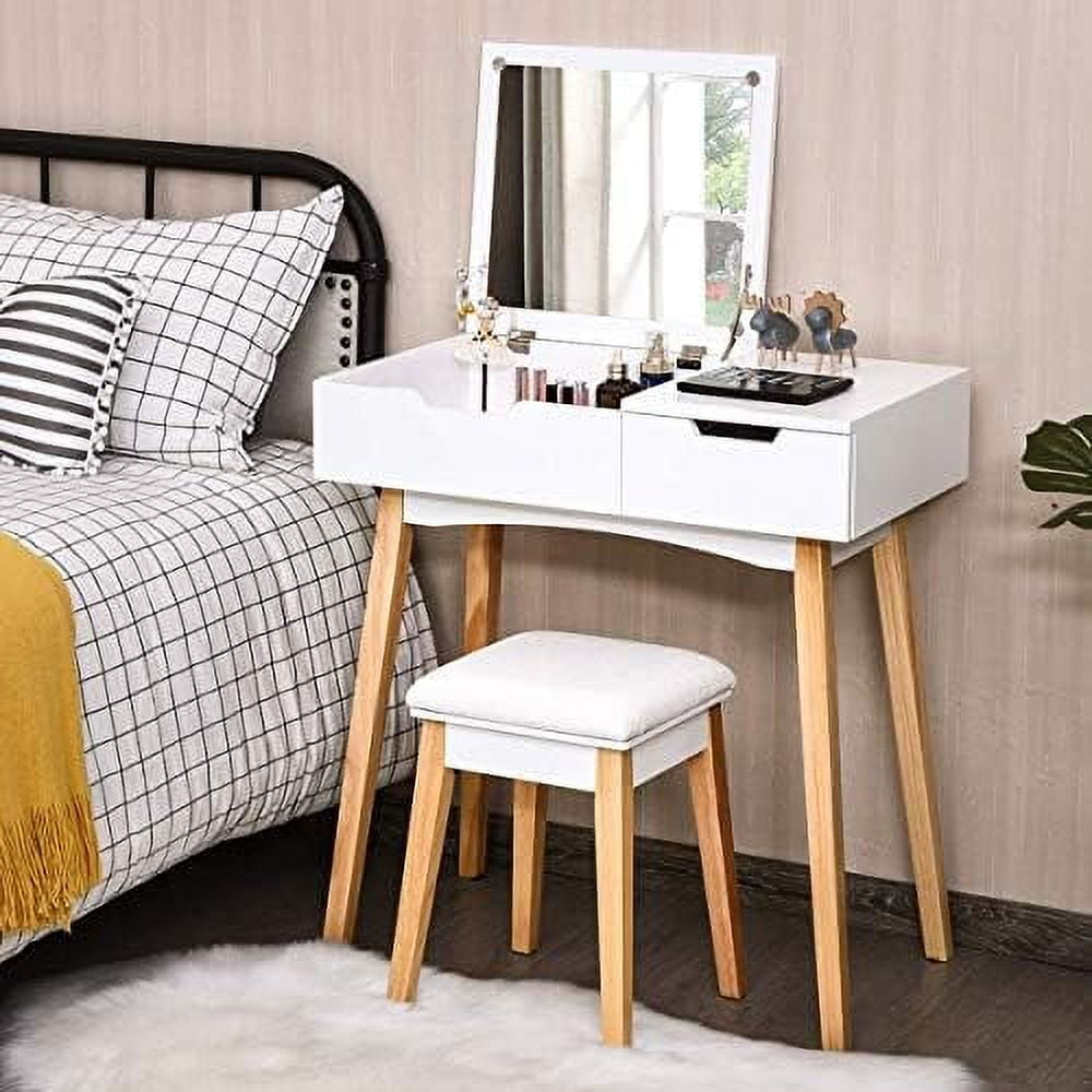 Vanity Desk with Flip Top Mirror and 3 Drawers 7 Compartments White