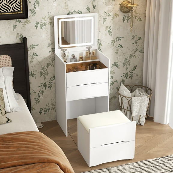 Vanity Desk with Flip Top Mirror and Lights, Small Makeup Vanity Set with Glass Shelf, Space Saving Dressing Table with 3 Drawers & Cushion Stool for Bedroom, White
