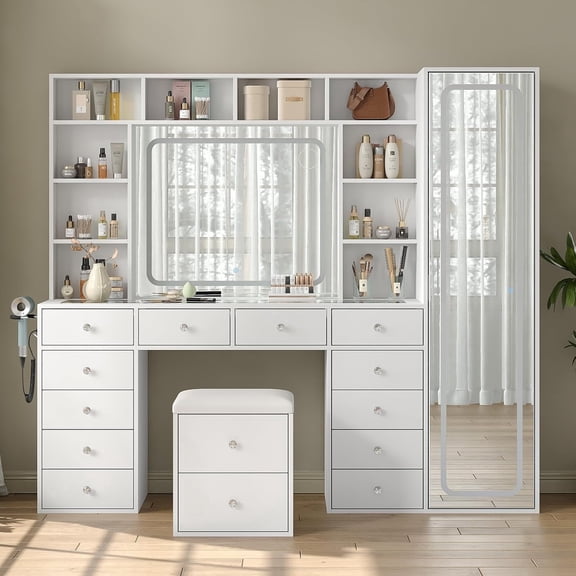 Vanity Desk Full Length Mirror & LED Mirror with Power Outlet, Makeup Vanity 14 Drawers & 10 Shelves, Dimmable & 3 Color Lighting and Charging, White