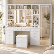 Vanity Desk with Full Length Mirror and Lights, White Makeup Vanity with Drawers and Storage & Power Outlet, Dimmable 3 Color Lighting Dressing Table for Bedroom