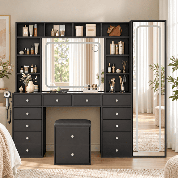 Vanity Desk with Full Length Mirror and Lights, White Makeup Vanity with Drawers and Storage & Power Outlet, Dimmable 3 Color Lighting Dressing Table for Bedroom