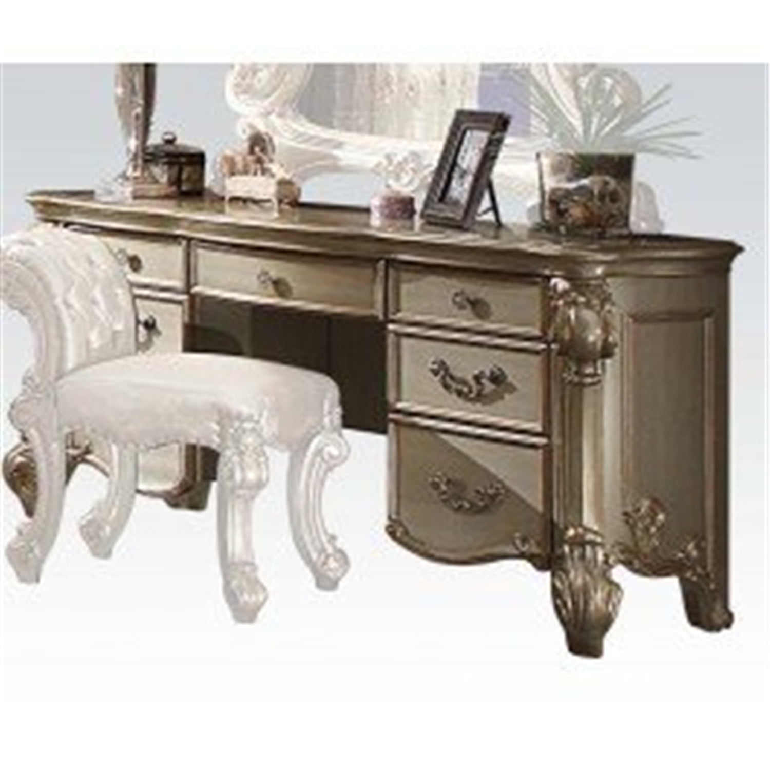 Elegant Gold Patina & Bone Vanity Desk with Oversized Scroll Legs