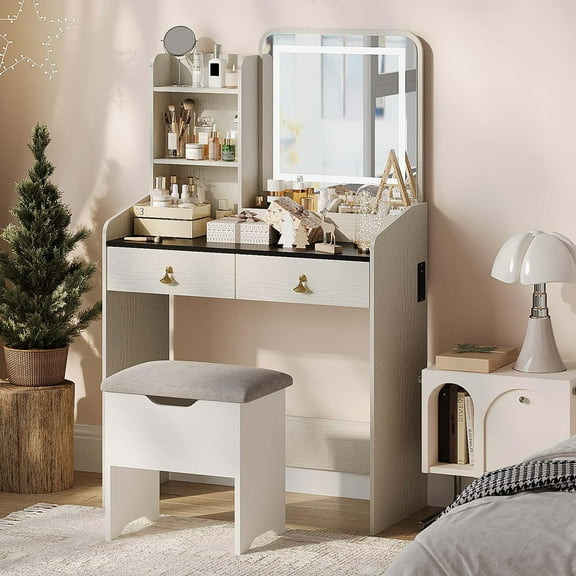 Vanity Desk with LED Light Mirror and Charging Station, Small Makeup Vanities Set with 2 Drawers, Vanity for Girls Women with Storage Stool, Vanity Table for Bedroom