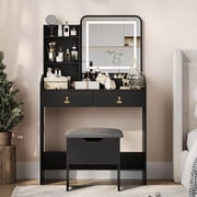 Vanity Desk with LED Light Mirror and Charging Station with Storage Stool, Small Makeup Vanities Set with 2 Drawers,Vanity for Girls Women,Vanity Table for Bedroom