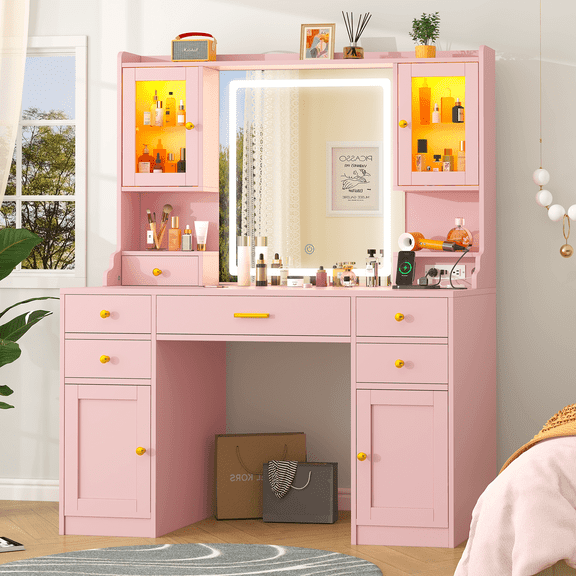 Vanity Desk with LED Lighted Mirror, 41.3" Makeup Vanity Table with Power Outlet and Lots Storage, 6 Drawers and Storage Shelves for Bedroom, Dressing Table with RGB Cabinets, Pink