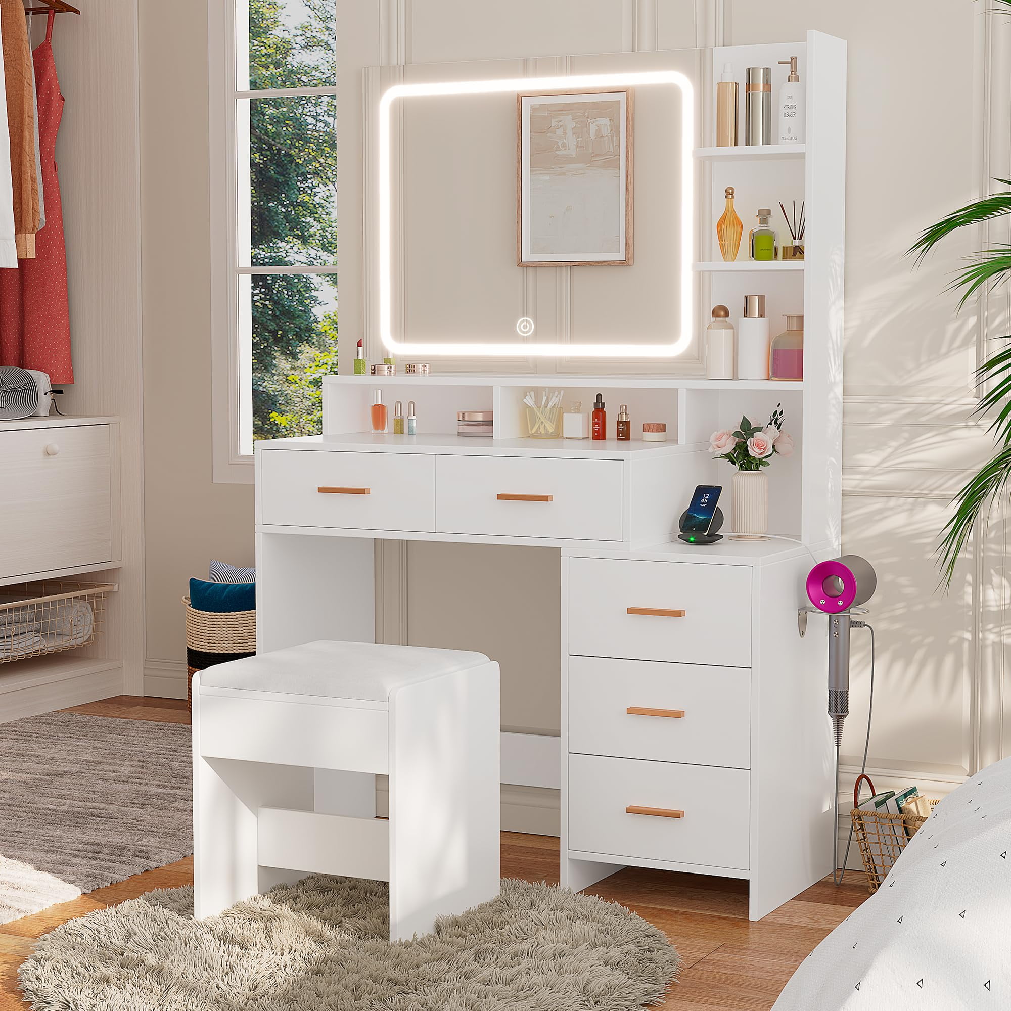 Vanity Desk with LED Lighted Mirror Charging Station Modern Vanity Makeup Table with 5 Drawers Storage Shelves Chair 3 Color Lighting Modes with