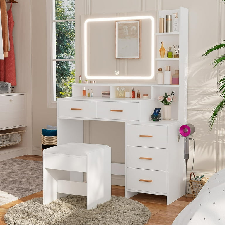 Modern Vanity Desk with LED Mirror 5 Drawers Shelf USB Charging 3 Lighting Modes White Walmart