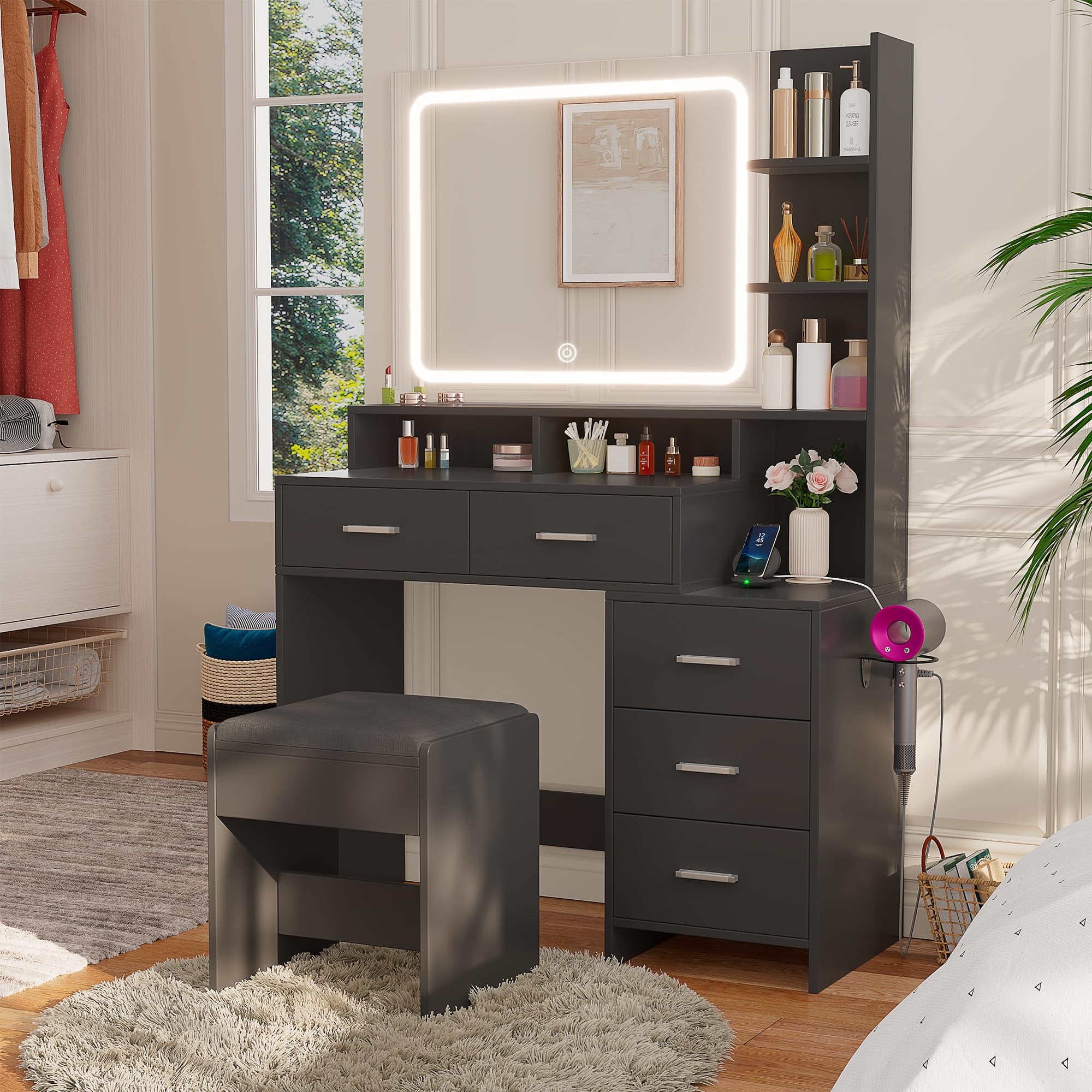 Vanity Desk with LED Lighted Mirror & Cushion Stool, Modern Vanity ...