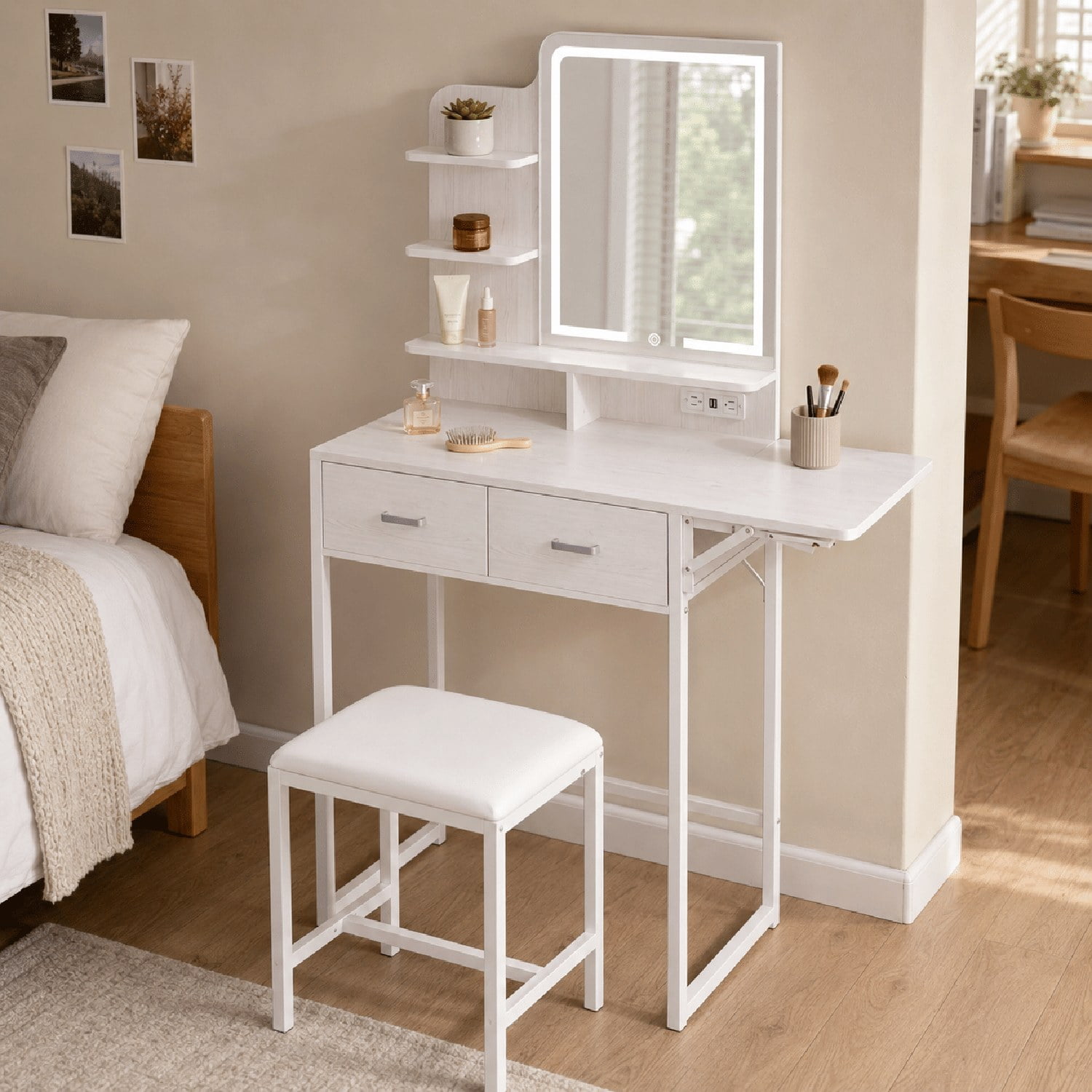 Vanity Desk with LED Lighted Mirror, Foldable Makeup Table Set with 2 Drawers, Cushioned Stool, Built-in Power Outlet and USB Ports, Open Storage Shelves, 32.6 in Extended Width
