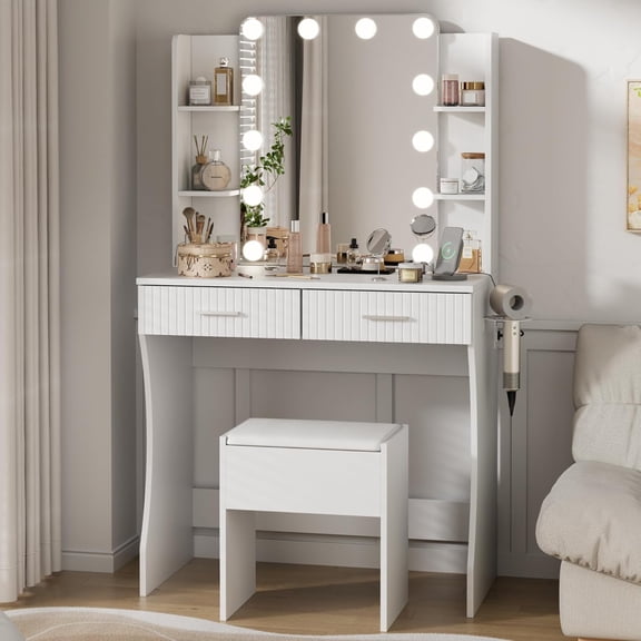 Vanity Desk with LED Lighted Mirror, Makeup Vanity with 3 Adjustable Lights, 2 Large Drawers and 4 Open Shelves, Vanity with Storage Stool for Bedroom, White