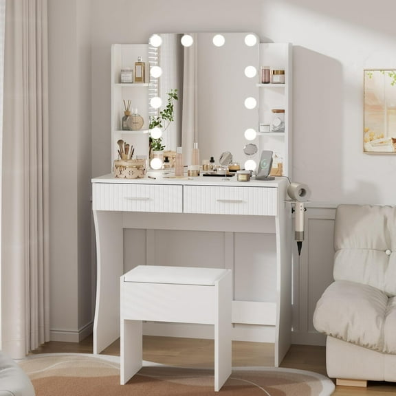 Vanity Desk with LED Lighted Mirror, Makeup Vanity with 3 Adjustable Lights, 2 Large Drawers and 4 Open Shelves, Vanity with Storage Stool for Bedroom, White