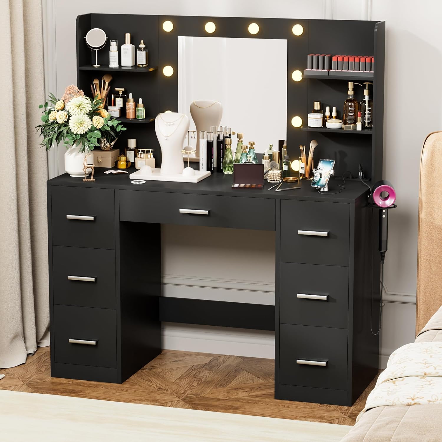 Vanity Desk with LED Lighted Mirror&Power Outlet, 3 Model Lights Makeup