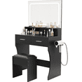 thumbnail image 1 of Vanity Desk with LED Lighted Mirror & Power Outlet, Makeup Vanities Table with 2 Drawers,Open Shelves, 3 Color Modes,Storage Bench,Dressing Table for Bedroom Black, 1 of 7