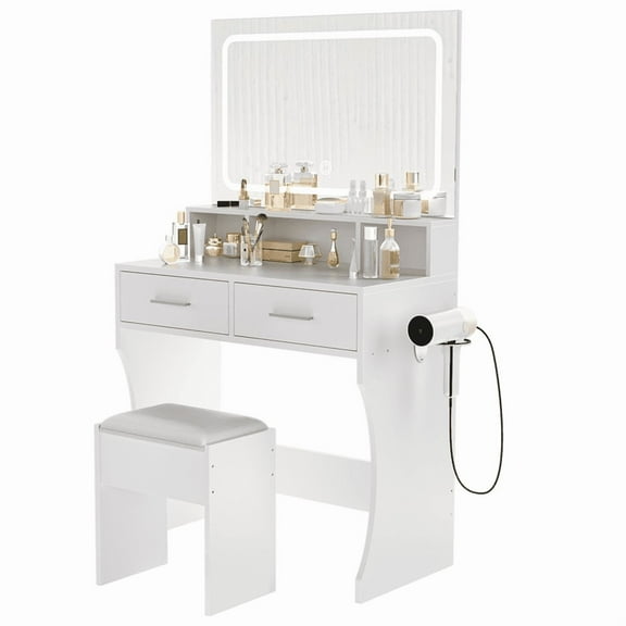 Vanity Desk with LED Lighted Mirror & Power Outlet, Makeup Vanities Table with 2 Drawers,Open Shelves, 3 Color Modes,Storage Bench,Dressing Table for Bedroom White