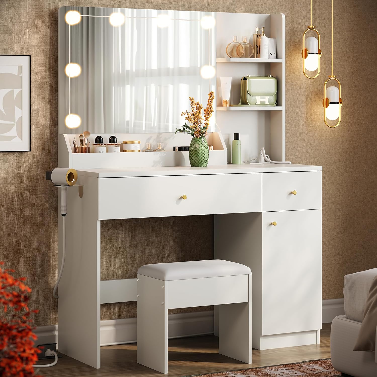 Vanity Desk with LED Lighted Mirror & Power Outlet Makeup Vanity Table