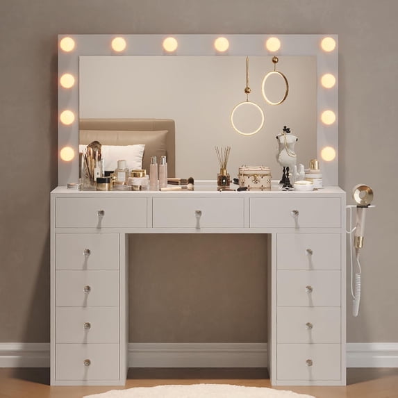 Vanity Desk, with LED Lights Mirror & Power Outlet, with 11 Storage Drawers, 3 Lighting Modes & Adjustable Brightness, White Dressing Table for Bedroom