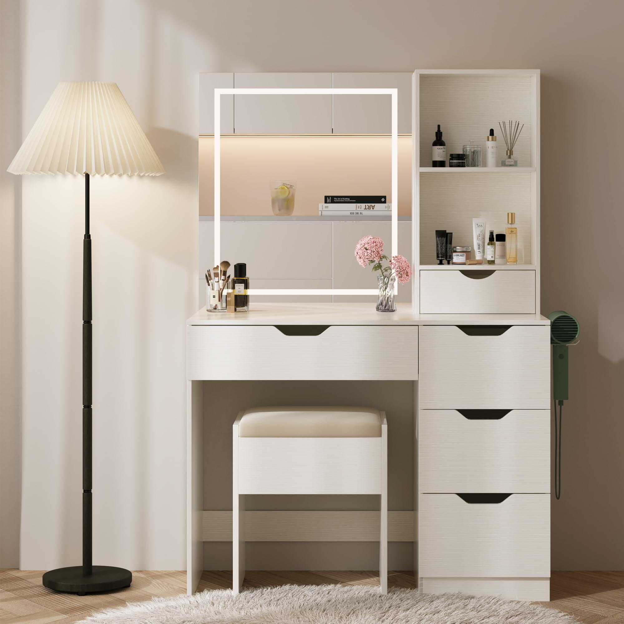 Tomnk woo Vanity Desk with LED Mirror, 3 Lighting Colors, 5 Drawers, Power Outlet & Cushioned Stool, White