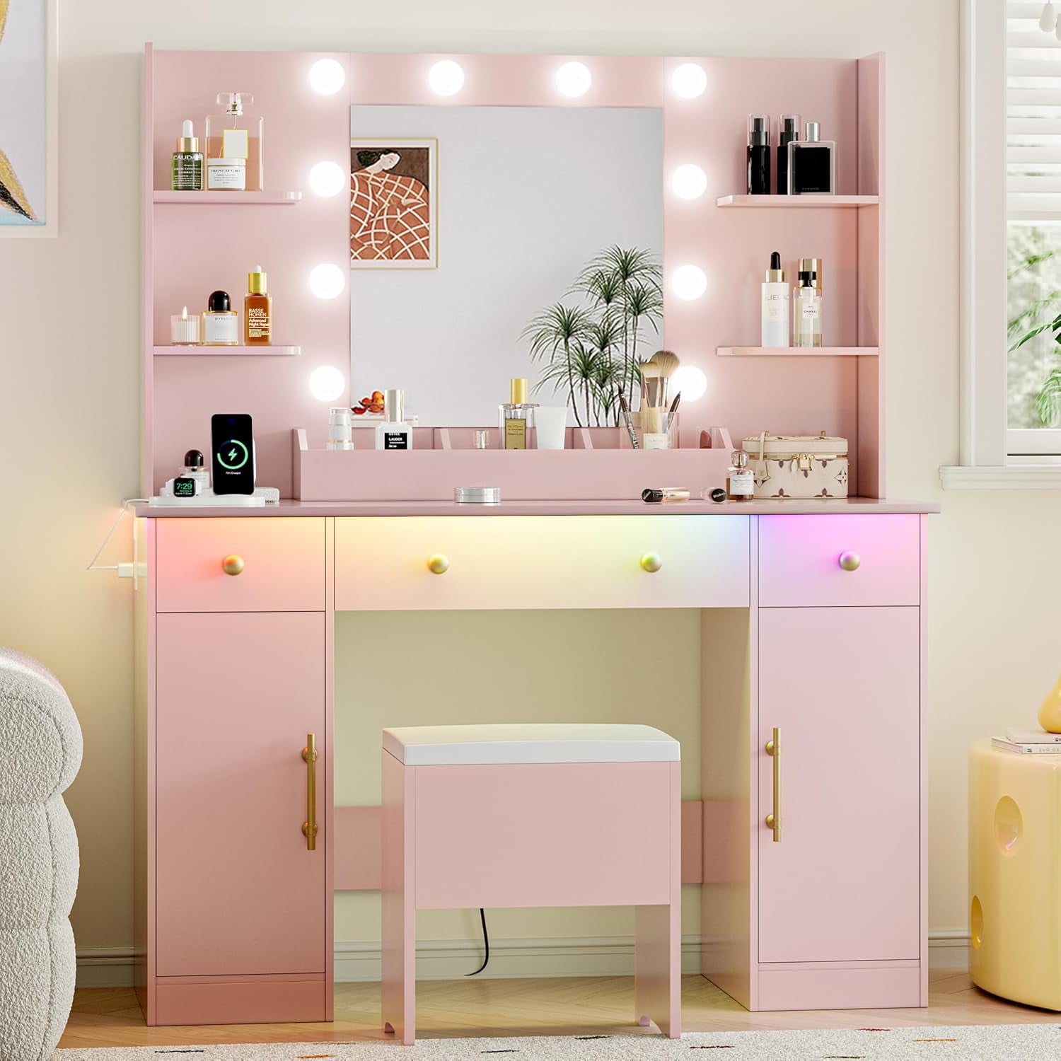 Vanity Desk with LED Lights Mirror & Power Outlet, Small Makeup Vanity ...