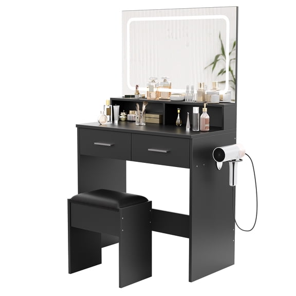 Vanity Desk with LED Lights Mirror & Power Outlet,Small Makeup Vanity Table Set with Storage Drawers & Chair, 3 Lighting Modes, Dressing Table for Women Girls Bedroom