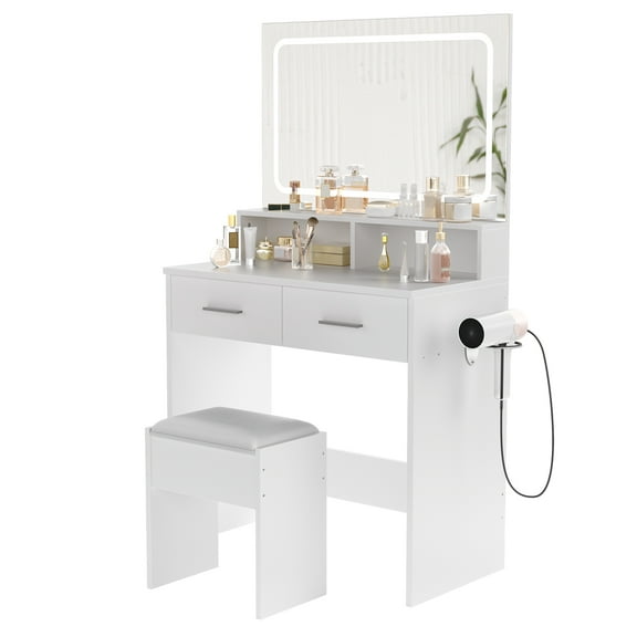 Vanity Desk with LED Lights Mirror & Power Outlet,Small Makeup Vanity Table Set with Storage Drawers & Chair, 3 Lighting Modes, Dressing Table for Women Girls Bedroom