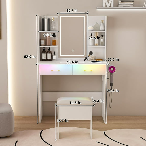 Vanity Desk with LED Lights Mirror & Power Outlet,Vanity Table Set with Storage Drawers & Chair, 3 Lighting Modes & Led RGB Adjustable Brightness, Dressing Table for Women Girls Bedroom, White RR