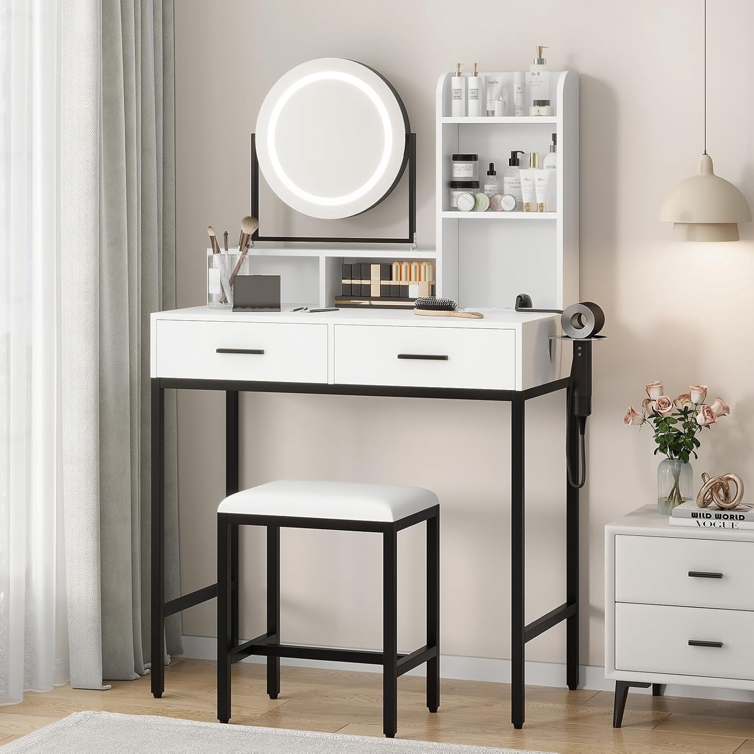 Small Makeup Vanity Table With LED Lights & Storage – Includes Chair, Drawers, Shelves & Charging Station