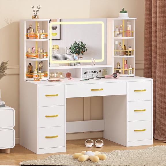 Vanity Desk with LED Mirror and 360 Rotating Makeup Organizer Shelves, White Makeup Vanity with Lights & Charging Station, Large Vanity Table with 6 Storage Drawers Bedroom Makeup Desk