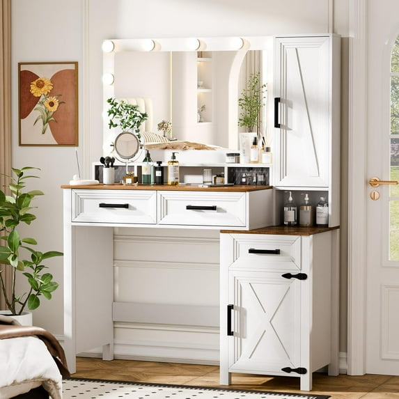 Vanity Desk with LED Mirror, Charging Ports, Dressing Table with 3 Drawers & Jewelry Storage, 2 Transparent Storage Boxes, 3 Adjustable Light Colors, Makeup Vanity