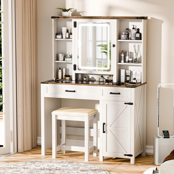 Vanity Desk with LED Mirror, Charging Ports, Dressing Table with 3 Drawers & Jewelry Storage, 2 Transparent Storage Boxes, 3 Adjustable Light Colors, Makeup Vanity