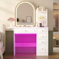 thumbnail image 1 of Vanity Desk with LED Mirror,Makeup Table with 5 Storage Drawers and 2 Shelves,Makeup Desk with Fold-up Panel and Glass Top,Practical Vanity with Charging Station for Bedroom,Powder Room,Living room, 1 of 9