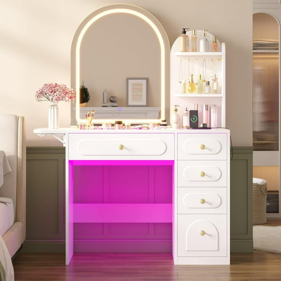 Vanity Desk with LED Mirror,Makeup Table with 5 Storage Drawers and 2 Shelves,Makeup Desk with Fold-up Panel and Glass Top,Practical Vanity with Charging Station for Bedroom,Powder Room,Living room