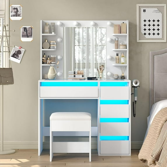 Vanity Desk with LED Mirror and Power Outlet, Makeup Table with 5 Drawers, Glass Top, 3 Lighting Modes, Includes Chair for Bedroom, Living Room, White
